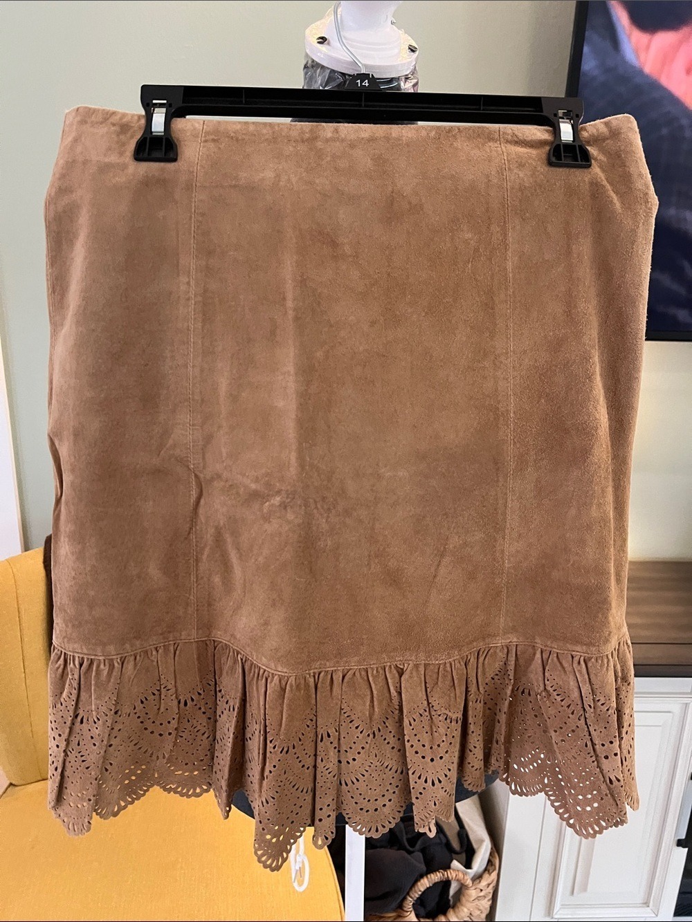 elevenses Suede Leather Skirt in Camel Brown with Laser-Cut Ruffle Hem